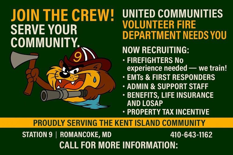Recruitment flyer for United Communities Volunteer Fire Department featuring a cartoon beaver in firefighter gear with an axe. Text lists positions needed and contact information for Station 9, Romancoke, MD.