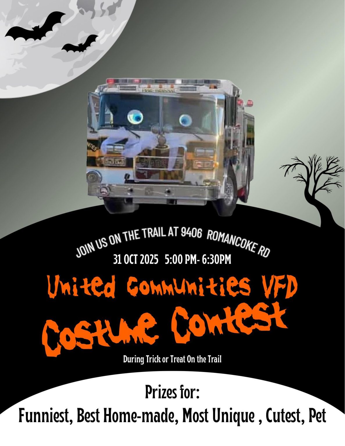 A fire truck decorated with googly eyes is on a Halloween-themed flyer for a United Communities VFD Costume Contest on Oct 31, 2025, featuring bats, a moon, event details, and prize categories at the bottom.