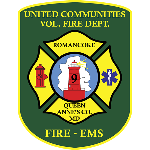 A green and yellow badge for United Communities Volunteer Fire Department, featuring a lighthouse, fire hydrant, medical symbol, and the text "Queen Anne's Co. MD" and "Fire - EMS.