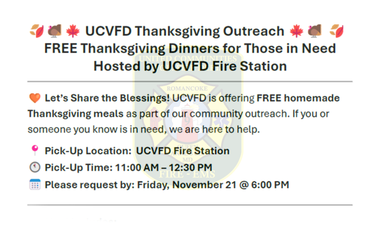 Flyer for UCVFD Thanksgiving Outreach offering free homemade Thanksgiving dinners for those in need. Pick-up is at UCVFD Fire Station, Nov. 21, 11:00 AM–12:30 PM. RSVP by Nov. 21, 6:00 PM.