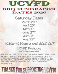 Flyer for UCVFD BBQ fundraiser in 2026 lists dates: March 28, April 25, May 30, June 27, July 25, Aug 22. Event runs 10:30am–2:30pm or until sold out at 9406 Romanacke Rd. Thank you message at bottom.