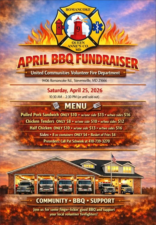 Flyer for the April BBQ Fundraiser by United Communities Volunteer Fire Department on April 25, 2026. Menu and prices for pork, chicken, and ribs are listed, with fire trucks and BBQ food images at the bottom.