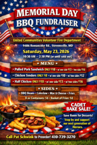 Colorful poster for a Memorial Day BBQ Fundraiser with stars and stripes, listing menu items, prices, date, time, location, and a phone number to preorder. Features BBQ food images and a call for a cadet bake sale.