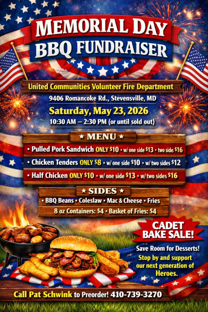 Colorful poster for a Memorial Day BBQ Fundraiser with stars and stripes, listing menu items, prices, date, time, location, and a phone number to preorder. Features BBQ food images and a call for a cadet bake sale.
