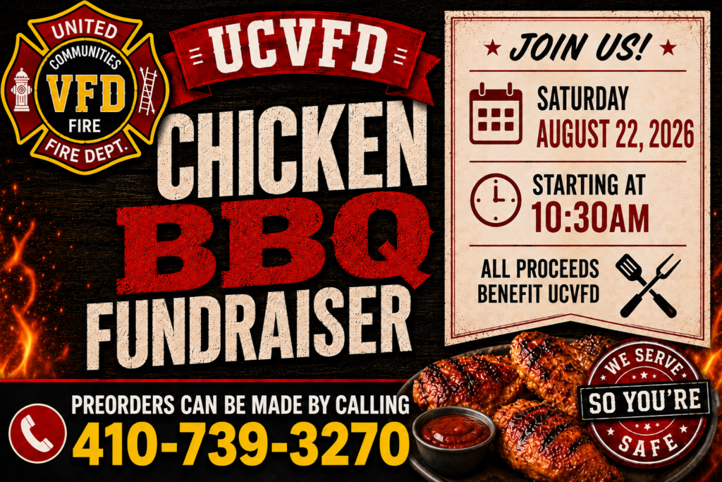 Barbecue fundraiser flyer for United Communities VFD. Event is August 22, 2026, at 10:30 AM. Preorder by calling 410-739-3270. Plate of grilled chicken shown. “We serve, you’re safe” badge in corner.