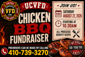 Barbecue fundraiser flyer for United Communities VFD. Event is August 22, 2026, at 10:30 AM. Preorder by calling 410-739-3270. Plate of grilled chicken shown. “We serve, you’re safe” badge in corner.