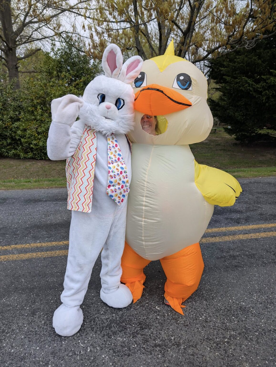 Two people in costumes stand on a road: one is dressed as a white Easter Bunny with a colorful tie, and the other is in an inflatable yellow duck costume, both posing cheerfully outdoors.