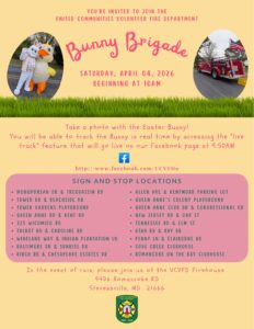 Colorful flyer for the Bunny Brigade event features an Easter Bunny mascot posing with a child and a fire truck. Event details and 20 scheduled stop locations are listed. Hosted by UCVFD in Stevensville, MD on April 4, 2026, at 10 AM.