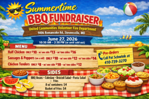 Colorful flyer for a summertime BBQ fundraiser with meal prices, date (June 27, 2026), time, location, menu items, side dishes, and pre-order phone number, decorated with summer-themed graphics.