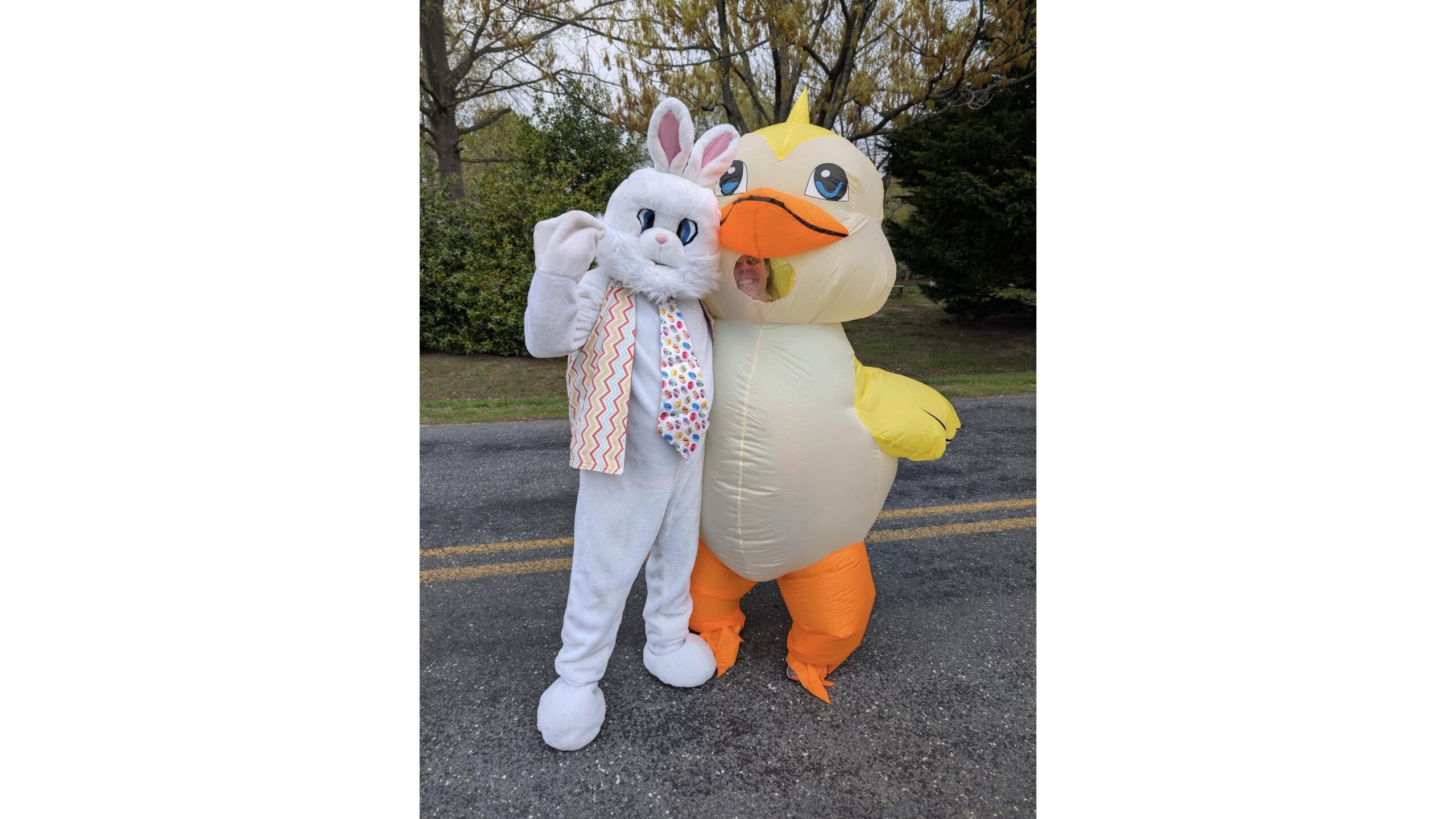 Two people in costumes pose together outdoors: one is dressed as a white bunny with a colorful polka-dot scarf, and the other as a large yellow duck with an orange beak. Trees and a road are in the background.