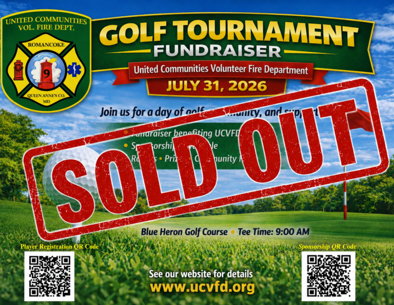 Golf tournament fundraiser flyer for United Communities Volunteer Fire Department, scheduled for July 31, 2026, at Blue Heron Golf Course, is marked "SOLD OUT" in bold red letters. Includes QR codes and website link.