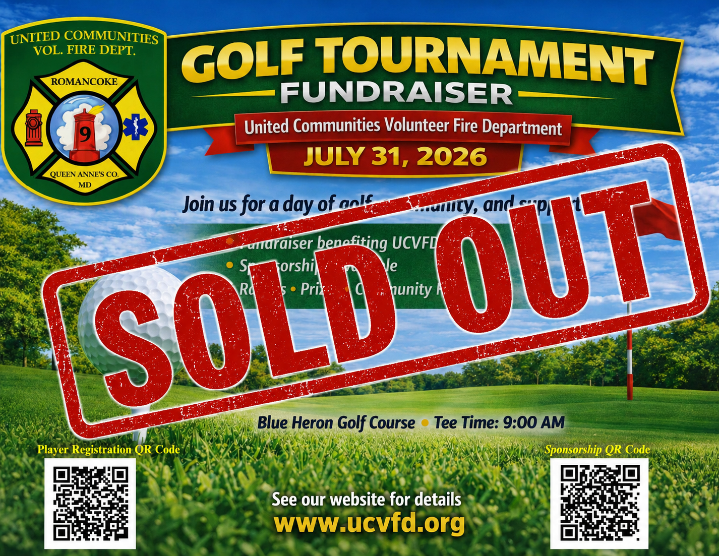 Golf tournament fundraiser flyer for United Communities Volunteer Fire Department, scheduled for July 31, 2026, at Blue Heron Golf Course, is marked "SOLD OUT" in bold red letters. Includes QR codes and website link.