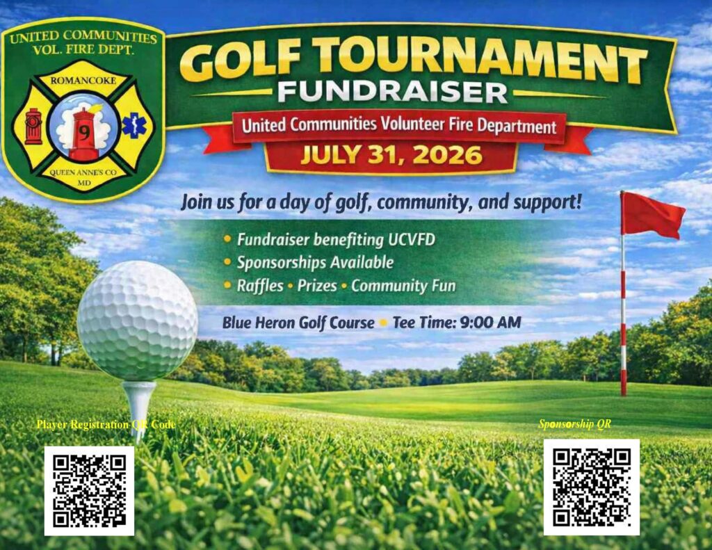 Golf tournament flyer for United Communities Volunteer Fire Dept. Fundraiser on July 31, 2026, at Blue Heron Golf Course, 9 AM. Includes fire dept. badge, golf course image, and QR codes for player registration and sponsorship.