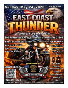 Event poster for "East Coast Thunder" on May 24, 2026, in Stevensville, MD, featuring a motorcycle, American flag, event details, registration info, live music, food, auctions, and sponsors' logos.