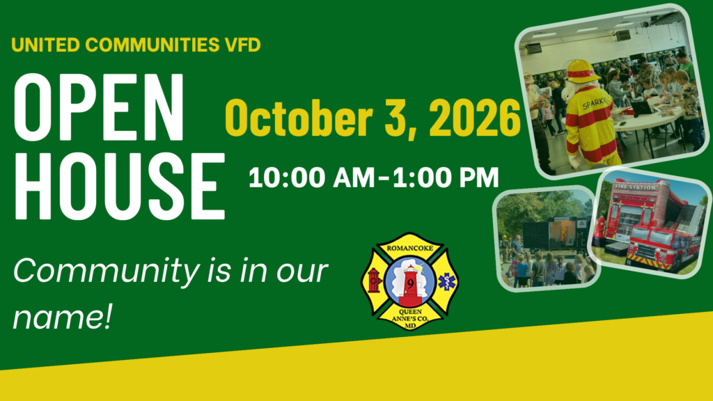 United Communities VFD Open House flyer: October 3, 2026, 10 AM–1 PM. Includes photos of fire truck, firefighter, and people at tables. Motto: “Community is in our name!” Fire department badge in the center.