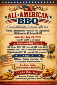 A vintage-style poster advertises an All-American BBQ event with meal prices, sides, bake sale info, date, time, location, and a phone number for pre-orders. Patriotic colors and food illustrations are featured.