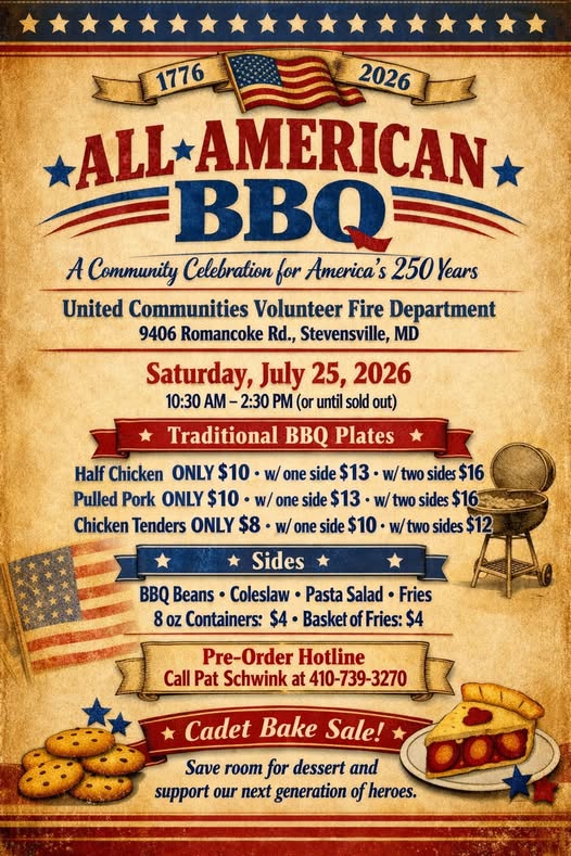 A vintage-style poster advertises an All-American BBQ event with meal prices, sides, bake sale info, date, time, location, and a phone number for pre-orders. Patriotic colors and food illustrations are featured.