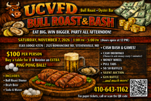 Colorful flyer for the UCVFD Bull Roast & Bash, with event details, food and drink info, games, $100 ticket price, prizes, a cartoon bull, and contact phone number, set for Nov 7, 2026, in Stevensville, MD.