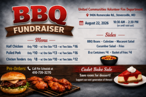 BBQ Fundraiser flyer with menu prices, pre-order info, sides, and bake sale details. Event: August 22, 2026, 10:30 AM–2:30 PM, United Communities Volunteer Fire Department, Stevensville, MD.