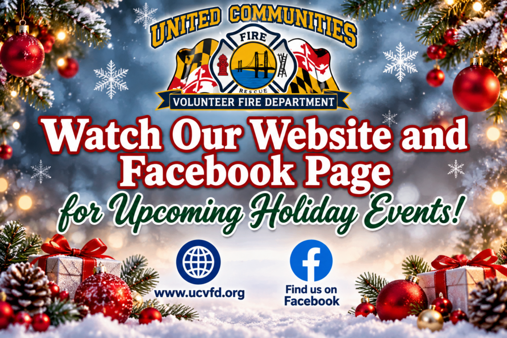 Festive holiday fire department flyer with snow, ornaments, and greenery. Text invites viewers to check website and Facebook for upcoming holiday events. Website and Facebook icons are shown.