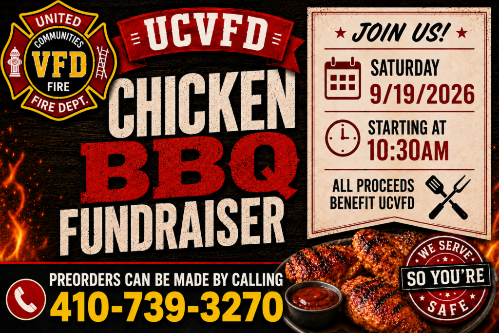 Fundraiser flyer for United Communities VFD’s Chicken BBQ on 9/19/2026 at 10:30AM. Includes BBQ chicken image and contact number 410-739-3270 for preorders.