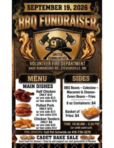 BBQ fundraiser flyer for United Communities Volunteer Fire Department on September 19, 2026, lists menu items, prices, sides, event time, and bake sale info with BBQ and fire department graphics.