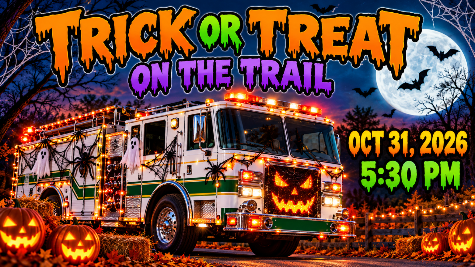 A fire truck decorated with lights, ghosts, and a glowing jack-o’-lantern face on its grill, parked on a path with pumpkins, for a Trick or Treat on the Trail event on October 31, 2026, at 5:30 PM.
