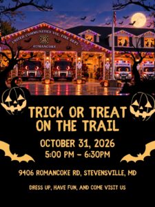 Event flyer for Trick or Treat on the Trail at the United Communities Volunteer Fire Department in Romancoke on October 31, 2026, from 5:00 PM to 6:30 PM, located at 9406 Romancoke Rd, Stevensville, MD.